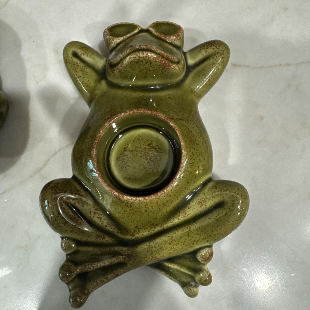 Party Lite Ceramic Frogs Tea Lite  Candle‎ Holder Set Green Vintage - Picture 2 of 10